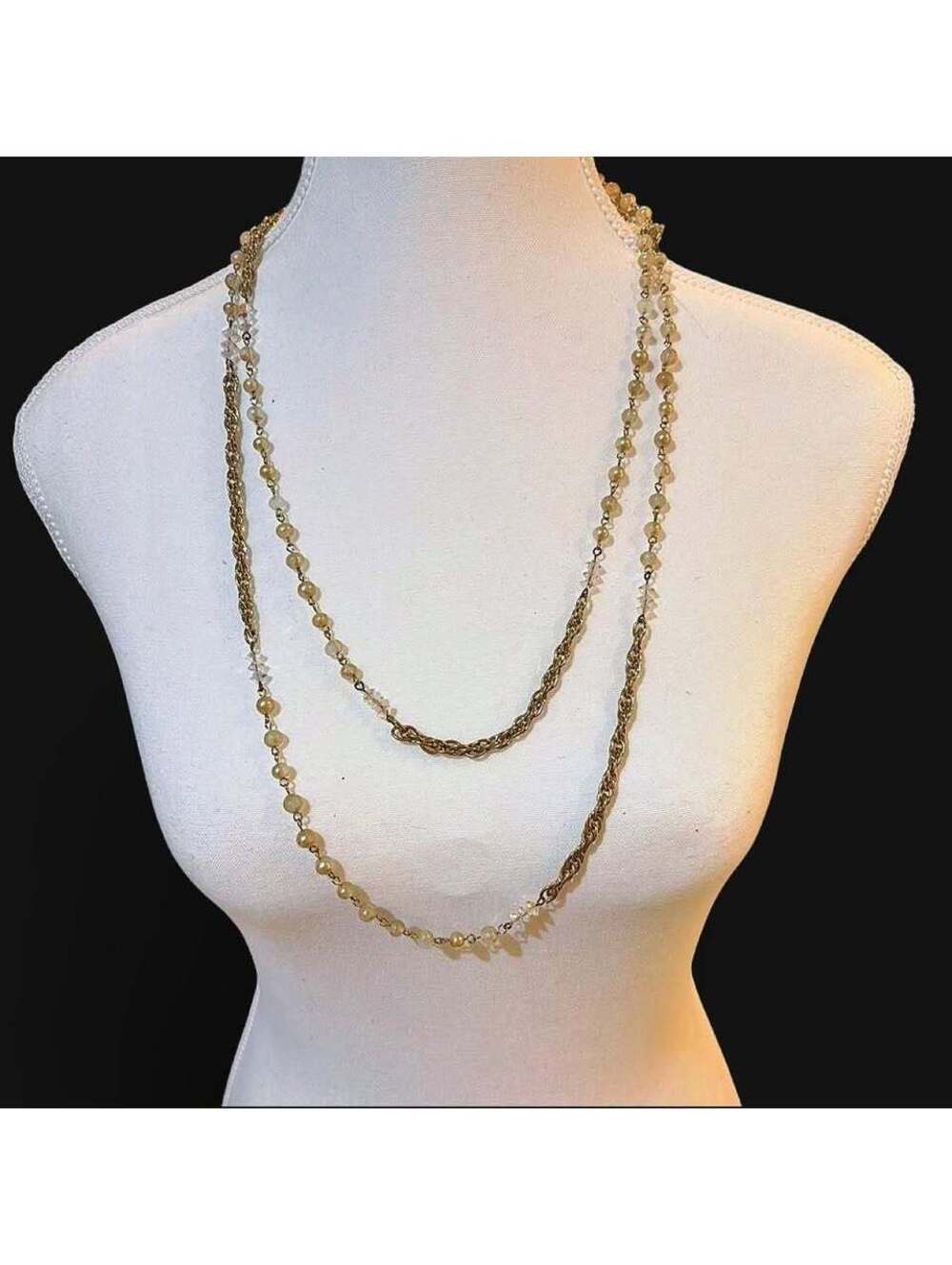 Vintage-Style Long Layered Gold-Tone Necklace with Faux Pearls and Crystals